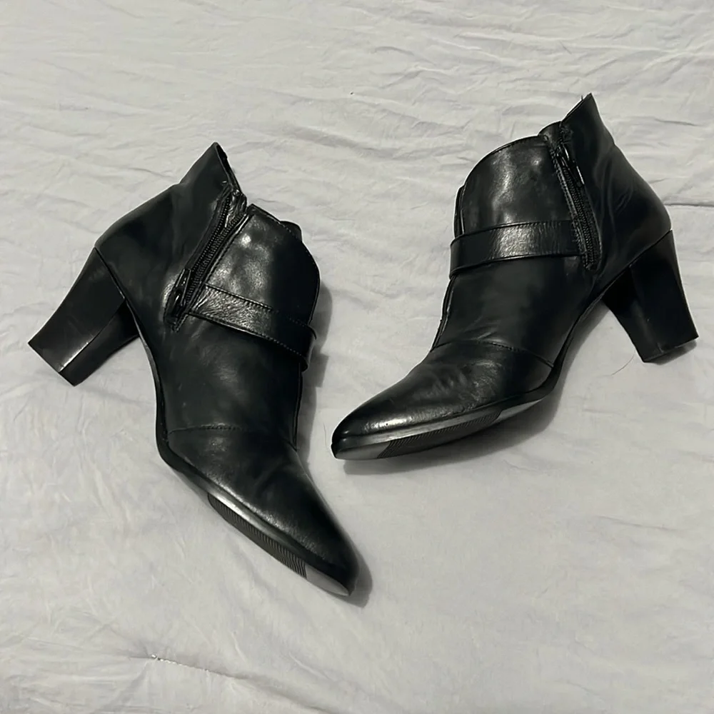 Mainframe Made in Italy Black Leather Ankle Booties with Buckle